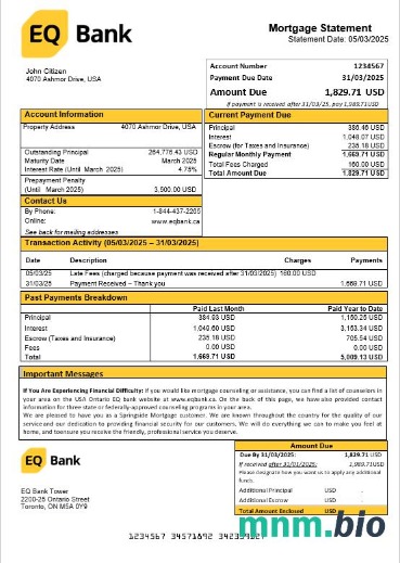USA Ontario EQ Bank wyciąg z kredytu hipotecznego w formatach Word i PDF